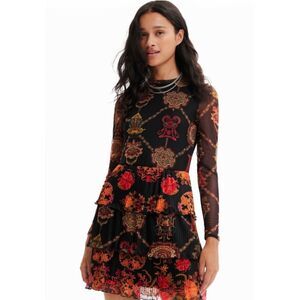 DESIGUAL Black Mesh Tiered Mini Dress, Y2K, Mock Neck, Sz M